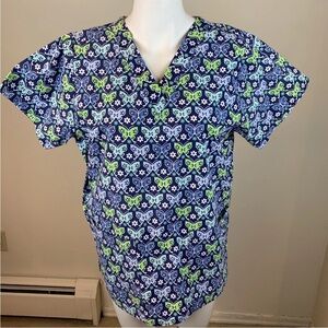 Tafford Blue Floral & Butterfly Print Scrub Top-M